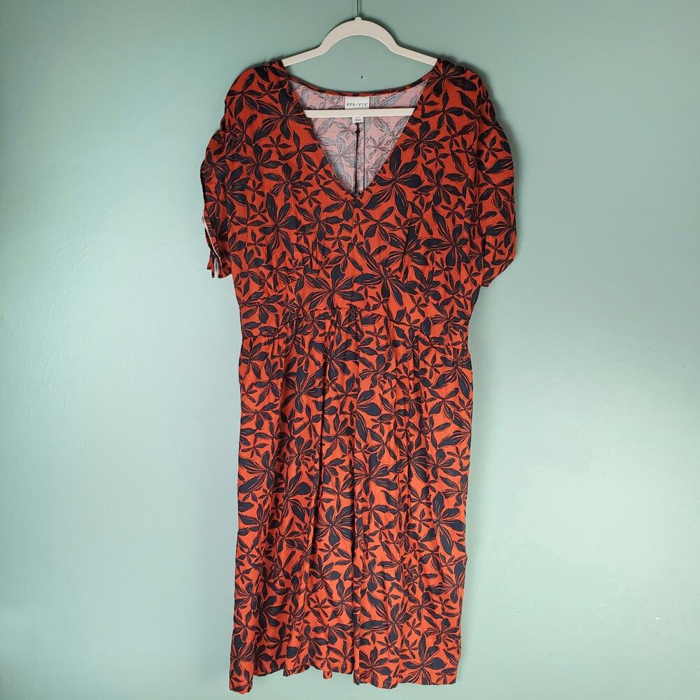 Ava & Viv Womens Orange Rust Floral Print Midi Short Sleeve Dress Size XXL